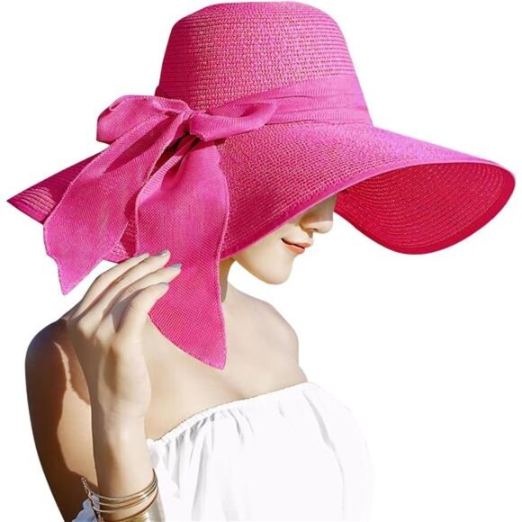 Women\'s Big Bowknot Straw Hat Large Floppy Foldable Roll up Cap, Rose, 5.5\